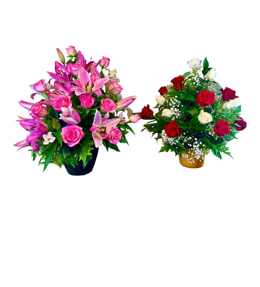 SJC2 - Special Offer: Pink Lily & Roses + Red & White Roses Flower Arrangements (Set of 2)