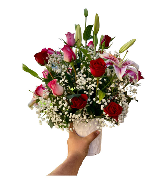 SJC21 - Pink Lily & Red Roses Flower Arrangement