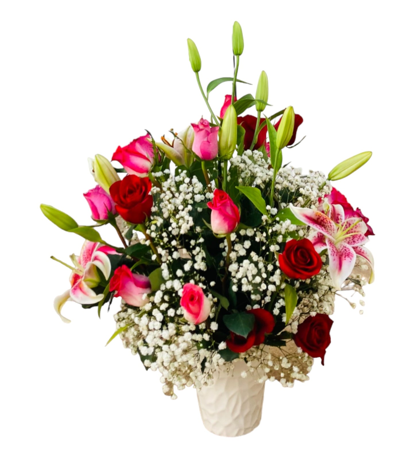 SJC21 - Pink Lily & Red Roses Flower Arrangement