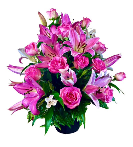 SJC 22 - Pink Lilies & Roses Flower Arrangement