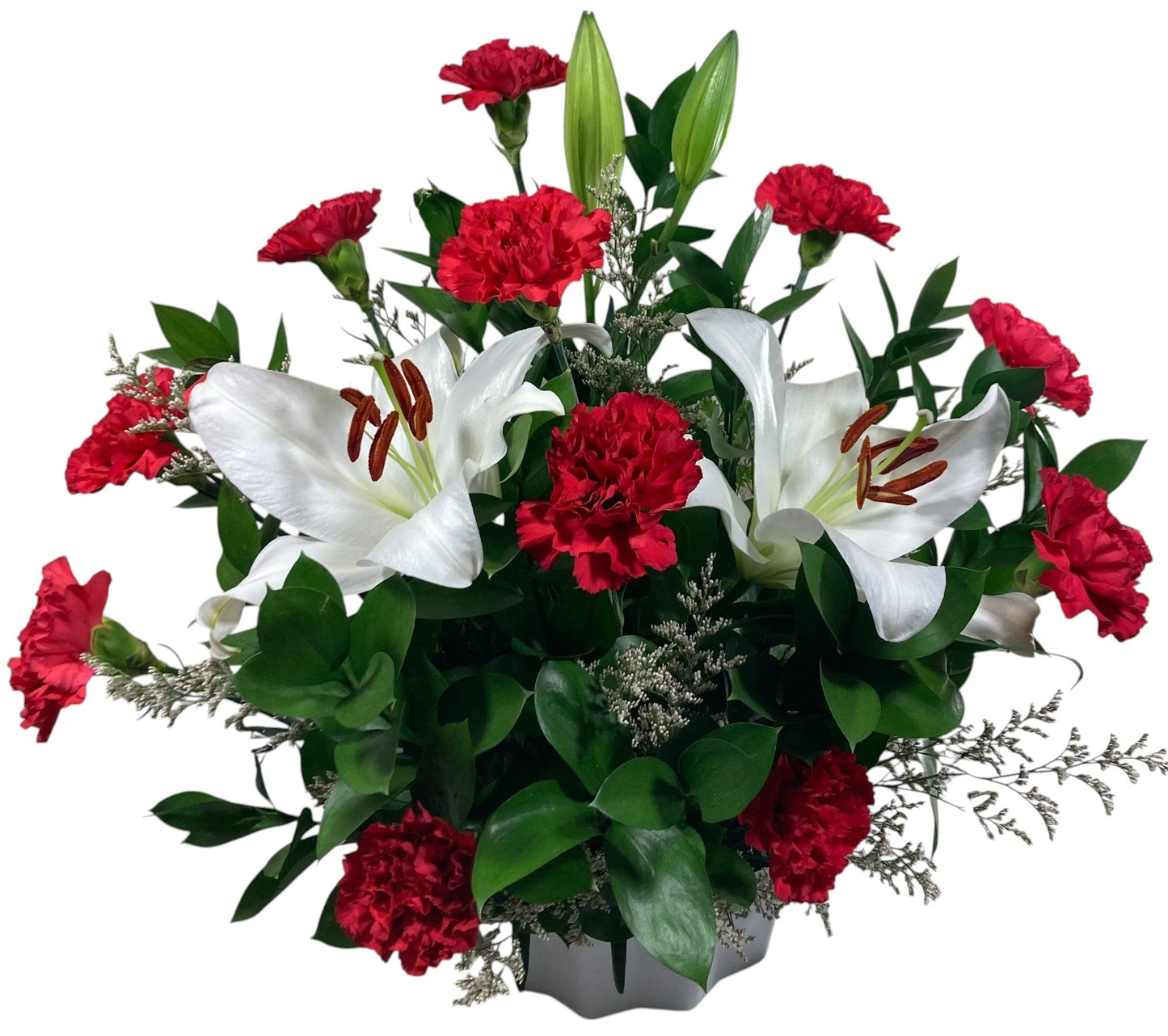 SJC25 - Elegant White Lily & Red Carnation Floral Arrangement