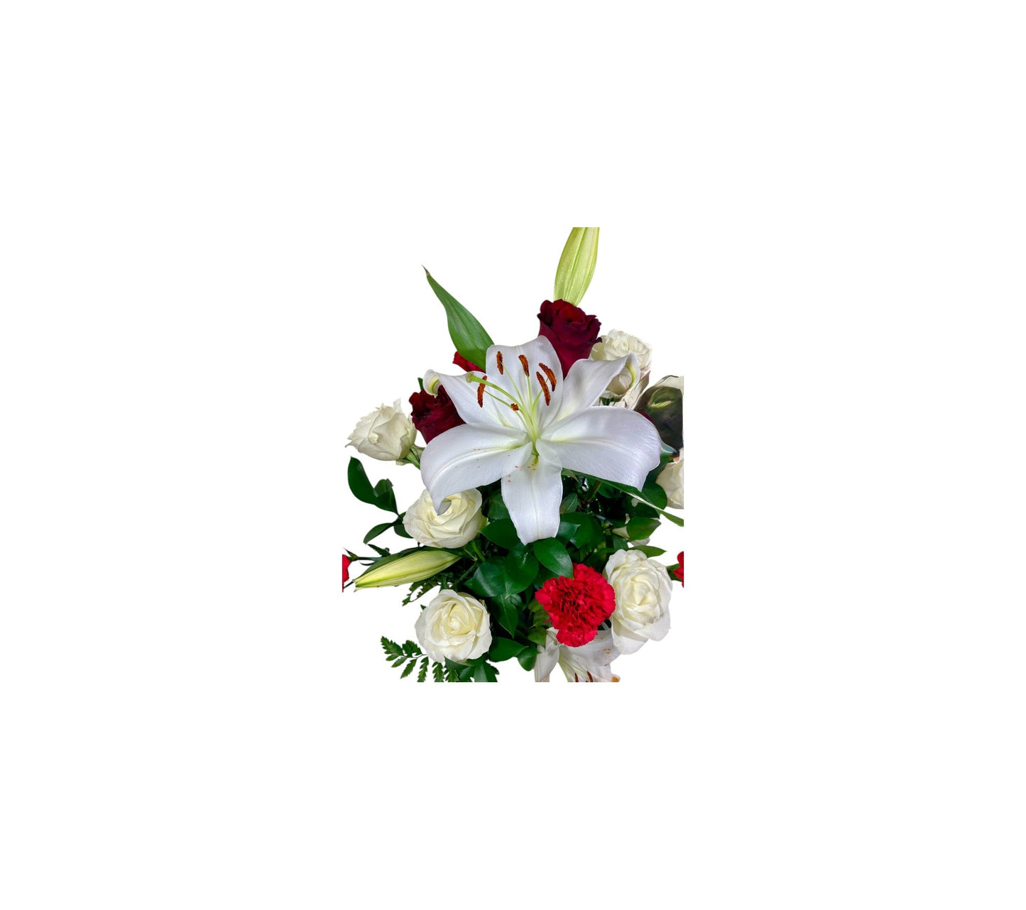 SJC27 – White Lily with Red & White Roses Elegant Flower Arrangement