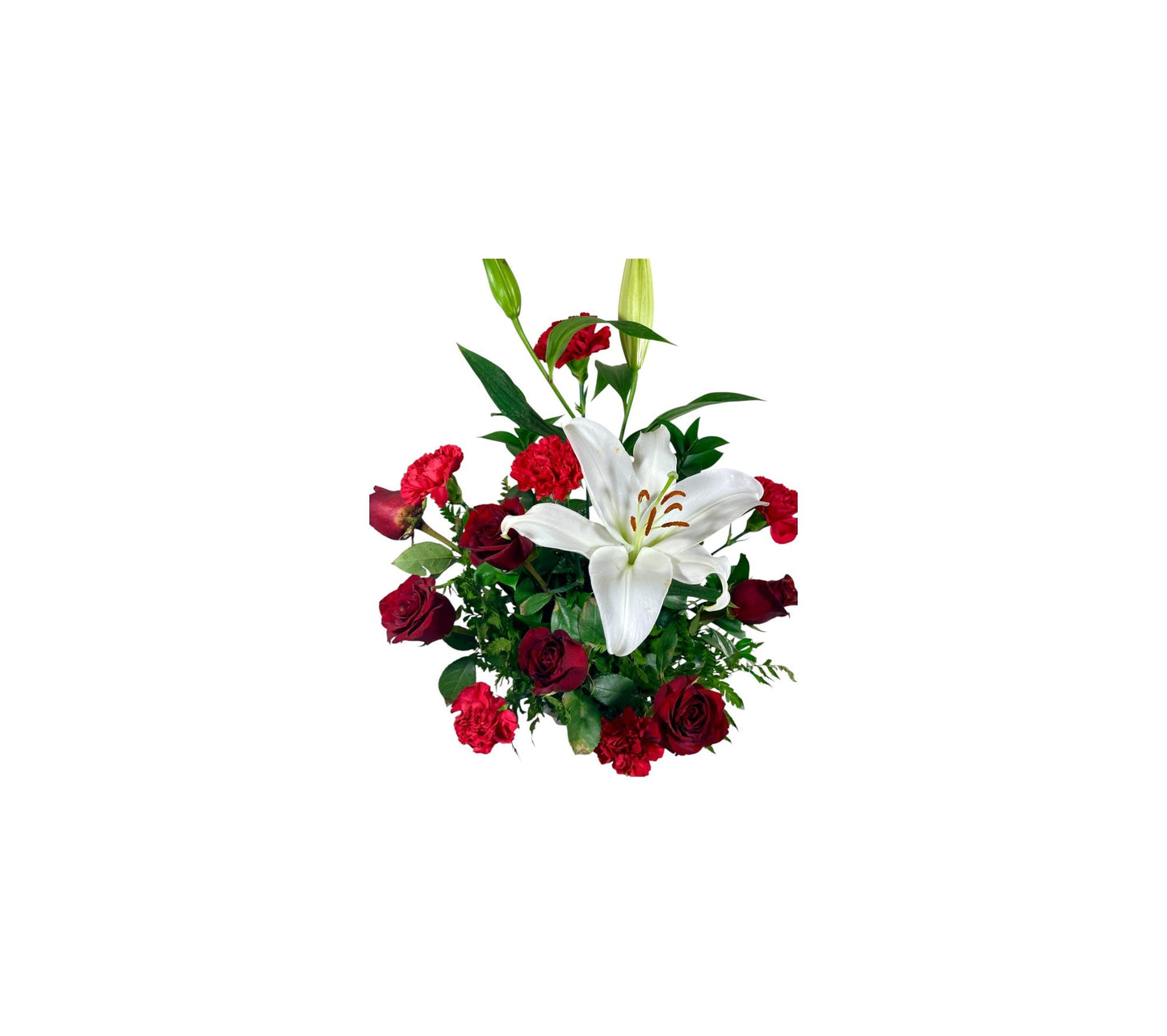 SJC29 – Red Roses, Red Carnations & White Lily Romantic Flower Arrangement