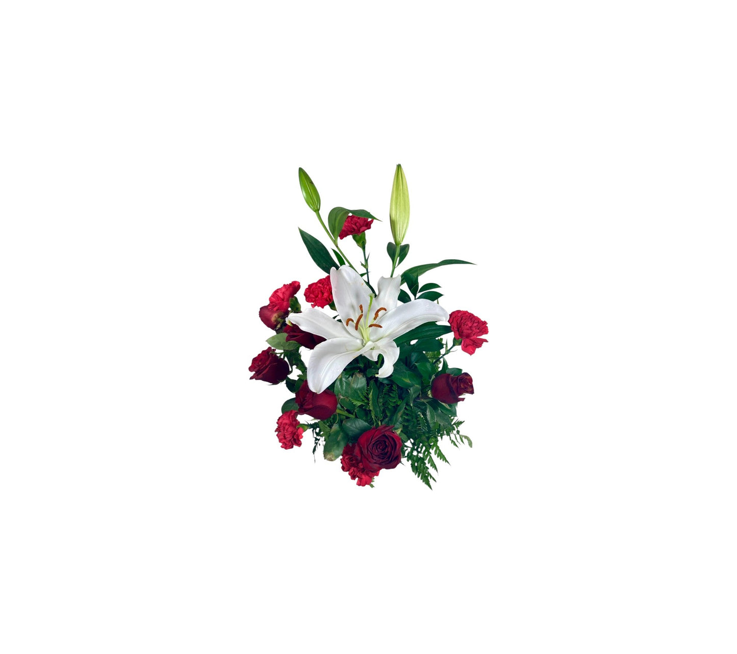 SJC29 – Red Roses, Red Carnations & White Lily Romantic Flower Arrangement