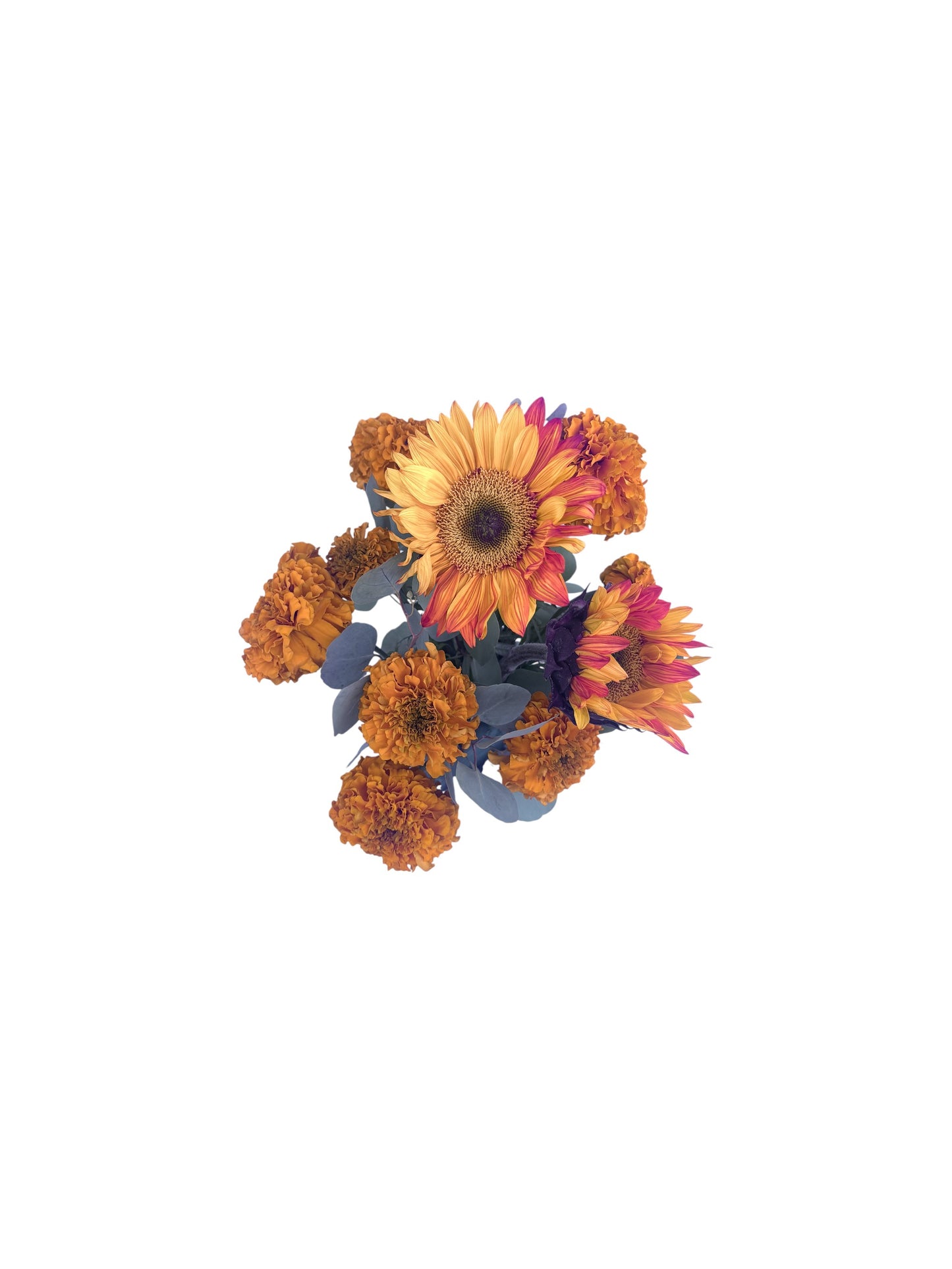 🌼 Cempasúchil & Sunflower Arrangement with Silver Dollar Eucalyptus