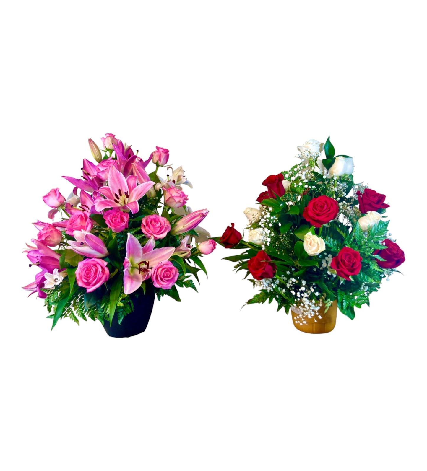 SJC2 - Special Offer: Pink Lily & Roses + Red & White Roses Flower Arrangements (Set of 2)