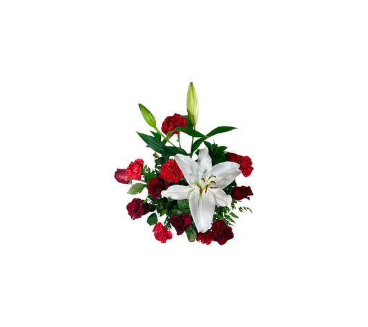 SJC29 – Red Roses, Red Carnations & White Lily Romantic Flower Arrangement