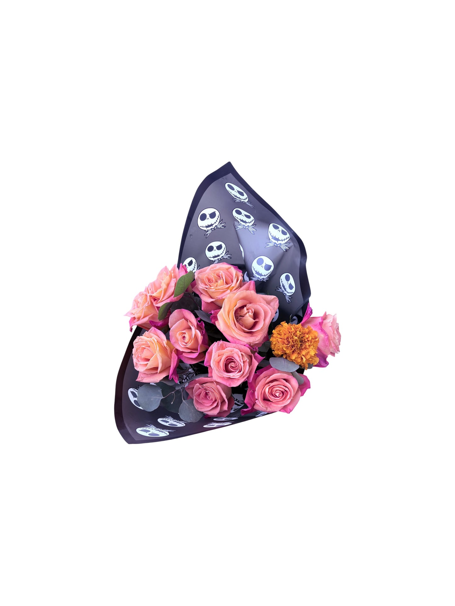 🎃 Jack Skellington Roses, Cempasúchil & Silver Dollar Leaves Bouquet
