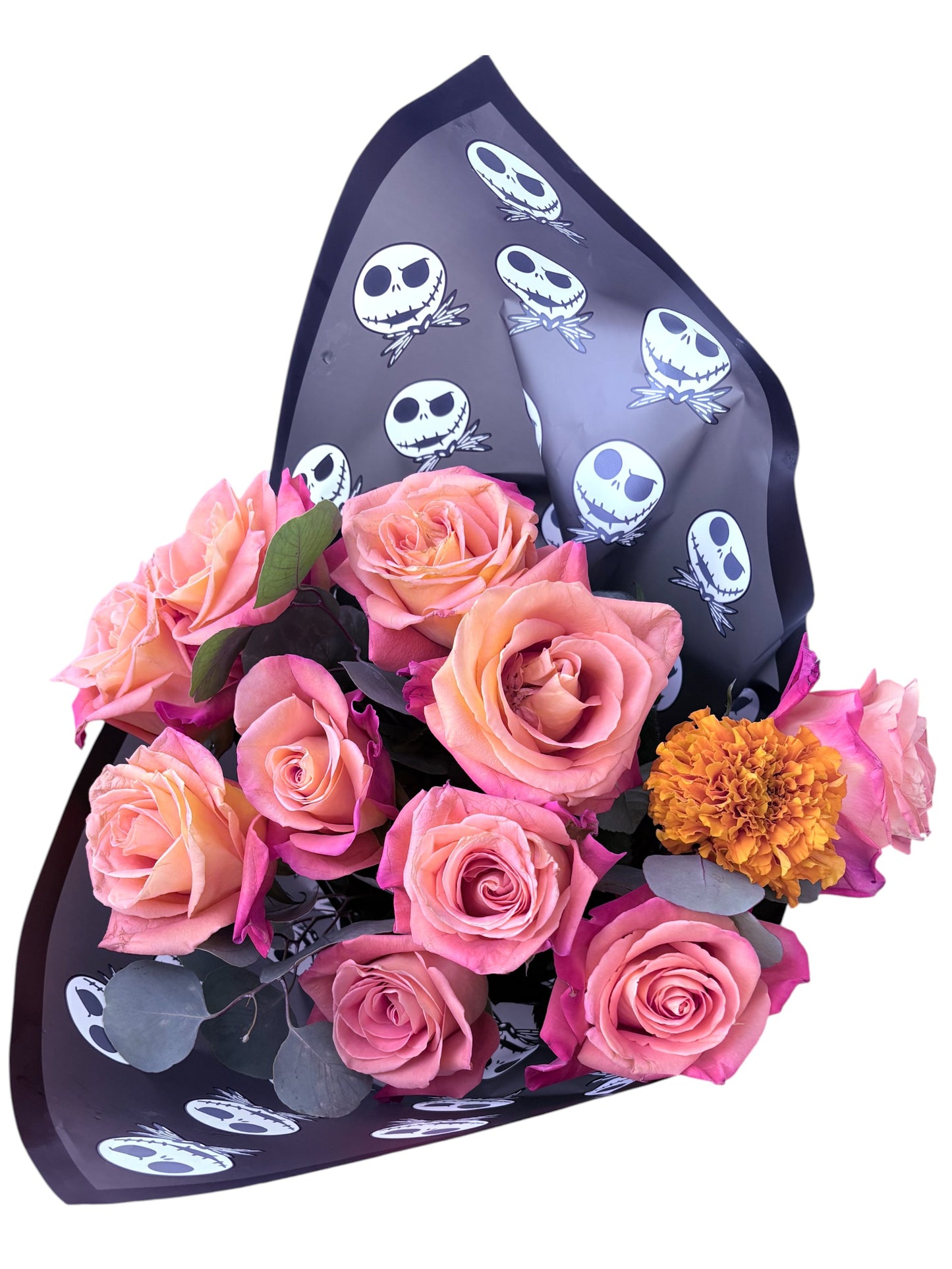 🎃 Jack Skellington Roses, Cempasúchil & Silver Dollar Leaves Bouquet
